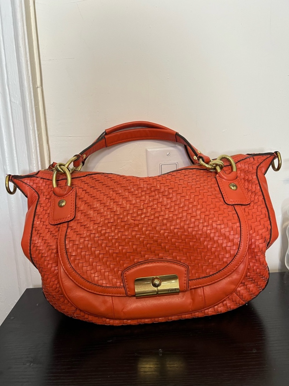 Stunning Coach Kristin Woven Leather Round Satchel Crossbody F23048 Orange/Coral